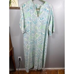 Vintage Key West Fashions Butterfly Caftan Maxi Dress Blue Green L XL